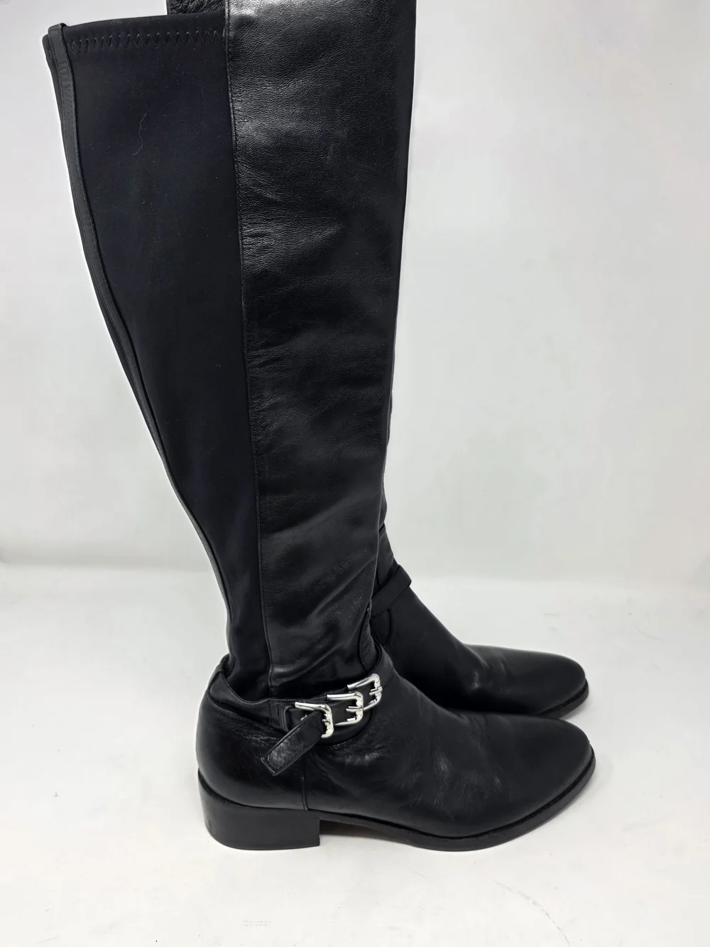 Donald J Pliner Nellie Black Leather Ankle Buckle Stretch Knee High Riding 7.5
